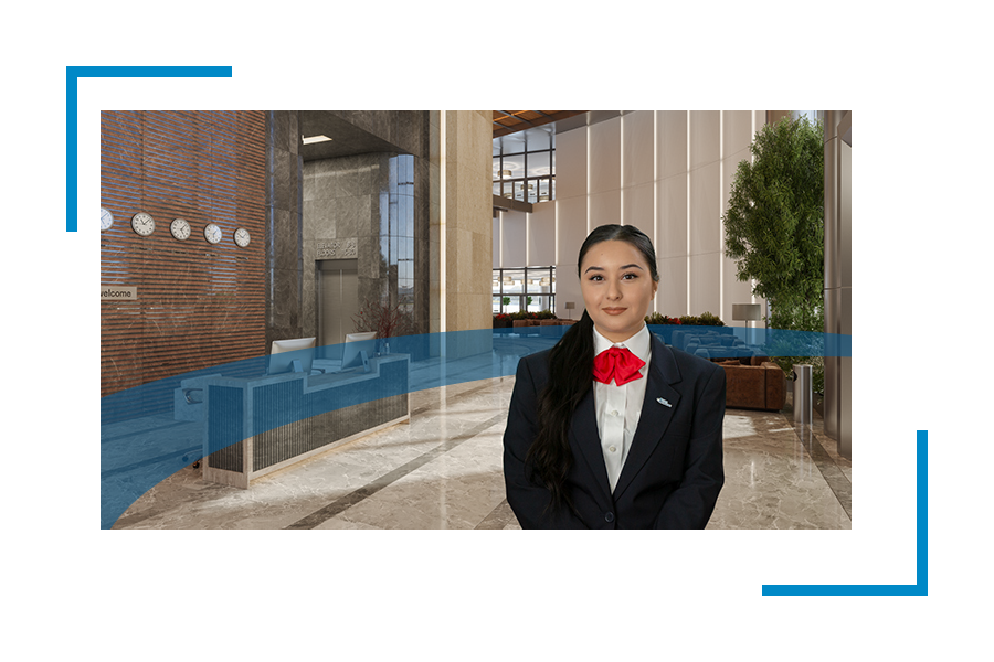 Women standing in a building lobby