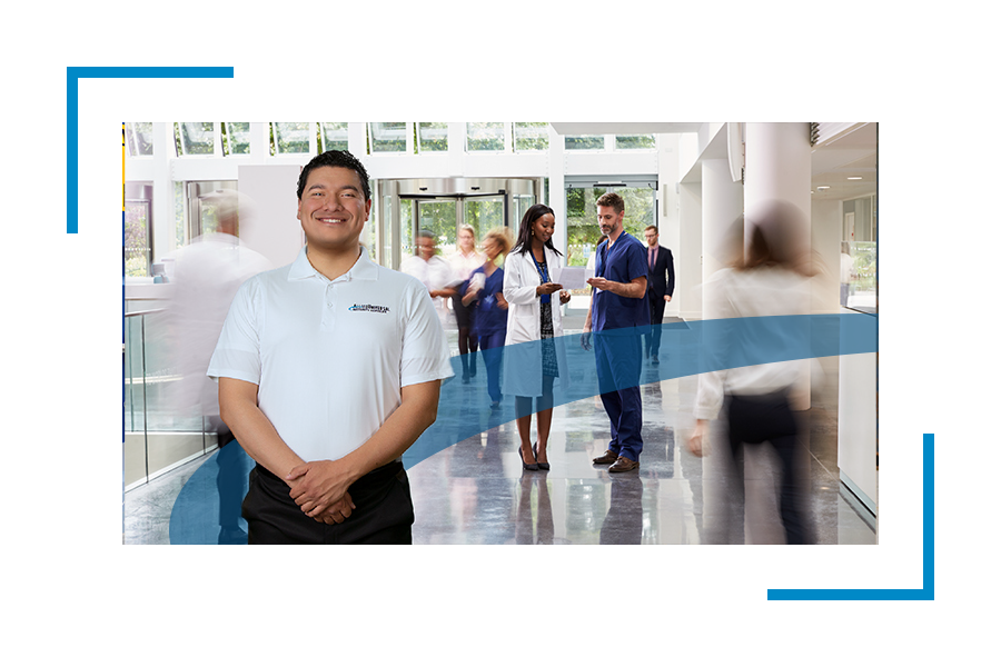 Allied Universal Security guard in uniform in a hospital