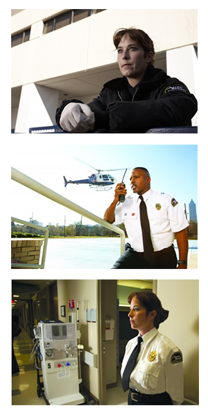 collage of security professionals patrolling hospital